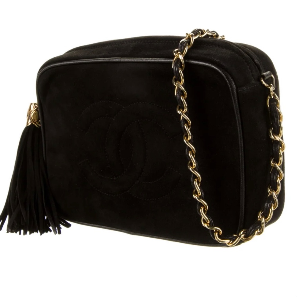 Chanel Authentic Tassel Crossbody in Black Diagonal Quilted Suede.